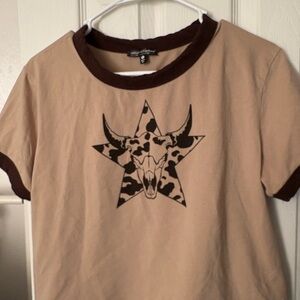 Neutral/Tan Graphic Baby Tee with Dark Brown Trim - Women’s